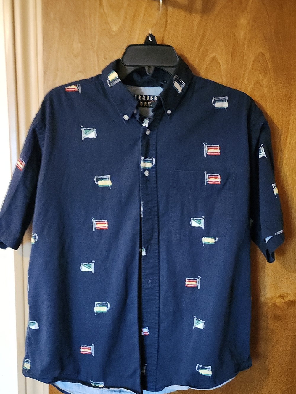 Trader Bay Navy Short-Sleeve Button-Down with Multicolor Flag Print